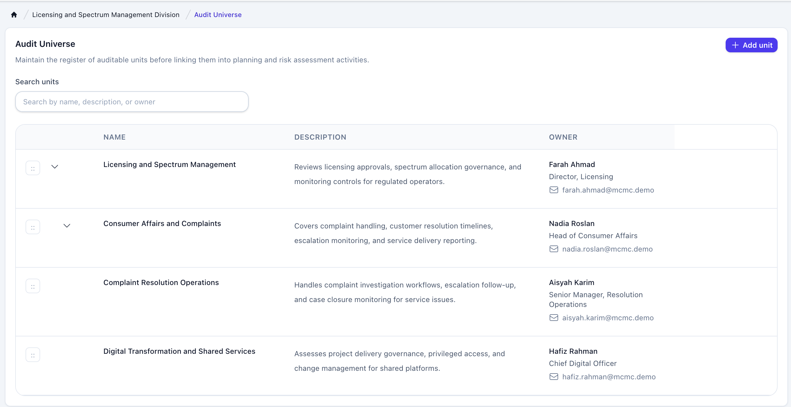 Audit universe and annual planning screen